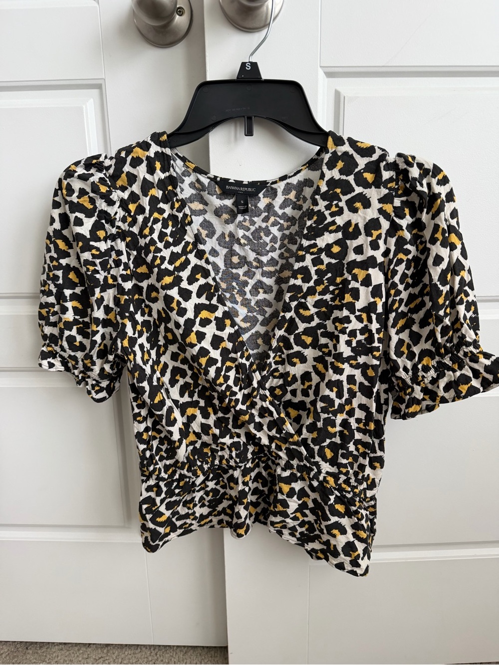 180 - Banana Republic Black White and Yellow Leopard Print Wrap Blouse